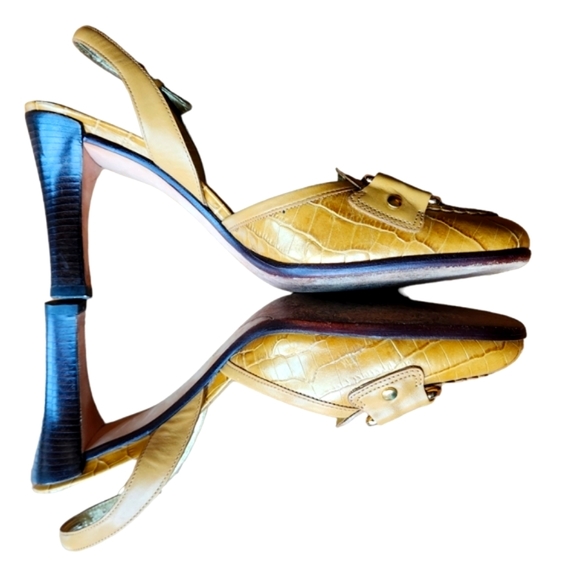 Cole Haan Shoes - Cole Haan Heels Shoes Leather Slingback Snakeskin Neutral Brown Gold Buckle 7